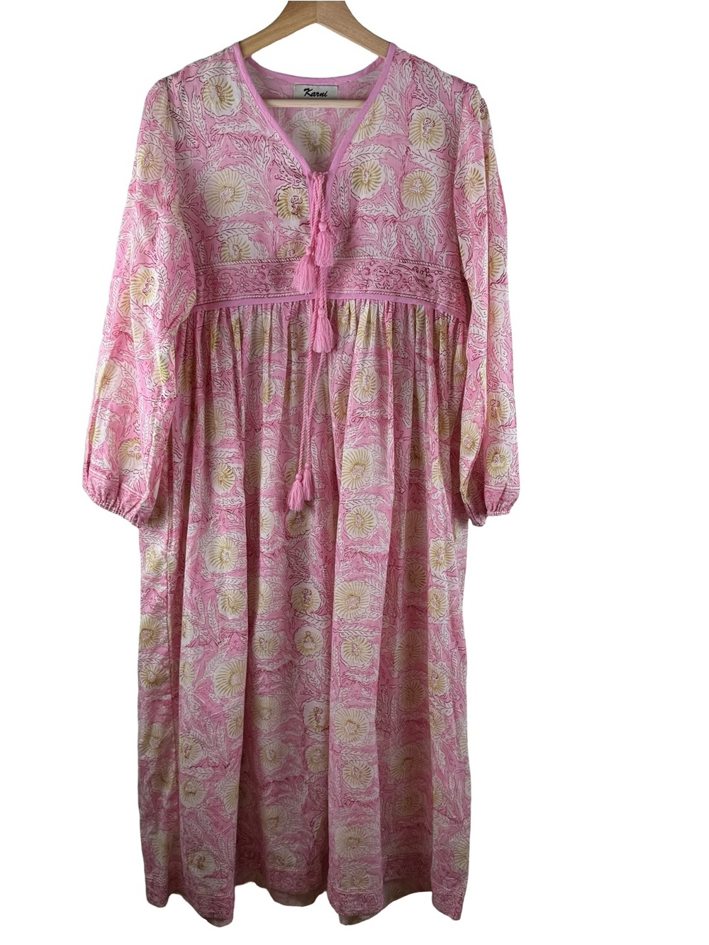 Karni Printed Cotton Floral Block Print Maxi Dress Boho Pink Size Small